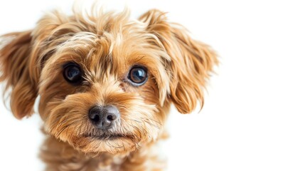 Cute charming dog. Shot of Maltipoo with big kind eyes and brown fur posing isolated over white studio background. Close up. Pet looks healthy and happy. Friend, love,
