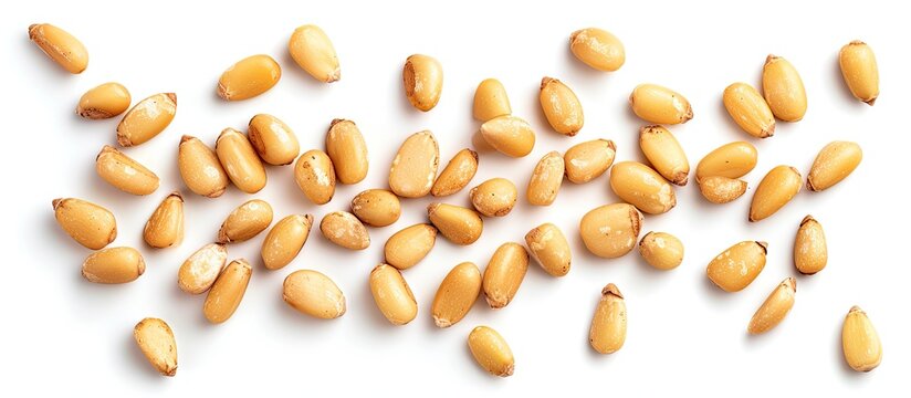 A top view photograph of a heap of European pine nuts arranged neatly on a white table.