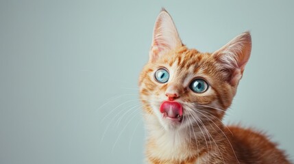 Obraz premium Funny cat licks his lips. Portrait of a white-red kitten with beautiful blue eyes, looking straight ahead. Lovely hungry cat. studio photo.