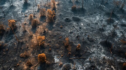 Dead forest view from above, impact of deforestation on climate change, environmental changes, altered weather patterns or rising temperatures.