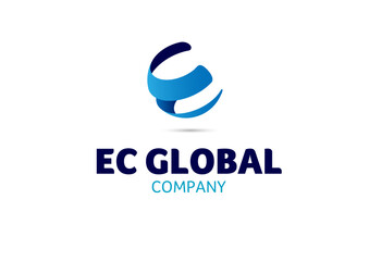 business logo design global globe Monogram E C blue gradient company