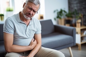 A middle-aged man is crouched in pain in his stomach, holding his stomach with his hands while sitting on the sofa at home. Gastrointestinal tract problems concept. - obrazy, fototapety, plakaty