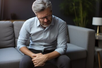 Fototapeta premium A middle-aged man is crouched in pain in his stomach, holding his stomach with his hands while sitting on the sofa at home. Gastrointestinal tract problems concept.