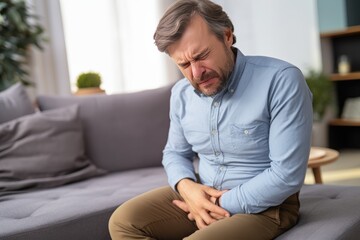 Obraz premium A middle-aged man is crouched in pain in his stomach, holding his stomach with his hands while sitting on the sofa at home. Gastrointestinal tract problems concept.