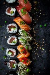 delicious sushi set  on a black background, vertical. Copy space
