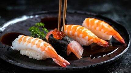 delicious sushi set with salmon on a black plate.