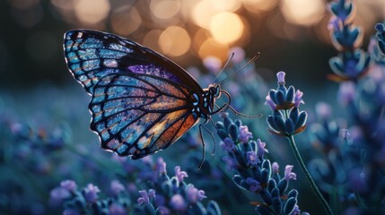 A butterfly with iridescent wings resting on a lavender bush