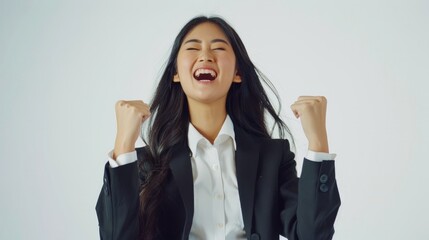 Happy young Asian business woman in blazer rejoicing, say yes, looking happy and celebrating victory, champion dance,