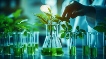 A microbiologist scientist conducts an experiment with medicinal plants in the laboratory. Production of natural products, organic cosmetics, Medicines and creams. Botany, Chemistry, Biotechnology.