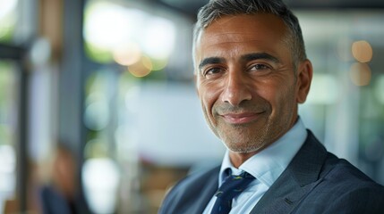 Fototapeta premium Headshot close up portrait of indian or latin confident mature good looking middle age leader,