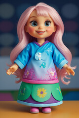 A doll with big eyes and pink hair in a beautiful dress