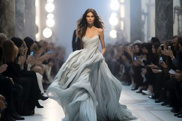 Woman captures photo of new model on fashion runway. Concept Fashion Photography, Runway Models, Glamorous Portraits, Behind-the-Scenes, Trendy Fashion