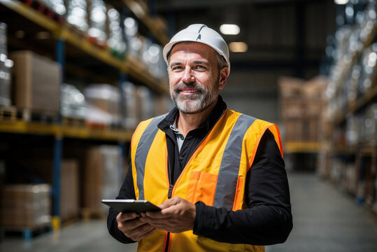 Confident warehouse manager with digital tablet Generative AI image