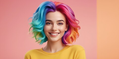 A happy woman with violet rainbow hair is smiling while wearing a yellow sweater - obrazy, fototapety, plakaty