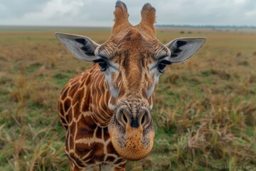 a curious giraffe, its head peering into the camera against a backdrop of the vast African savanna