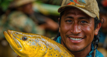 Joyful fisherman holding a yellow fish Generative AI image