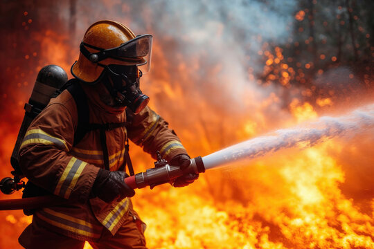 Brave firefighter combating fierce flames Generative AI image
