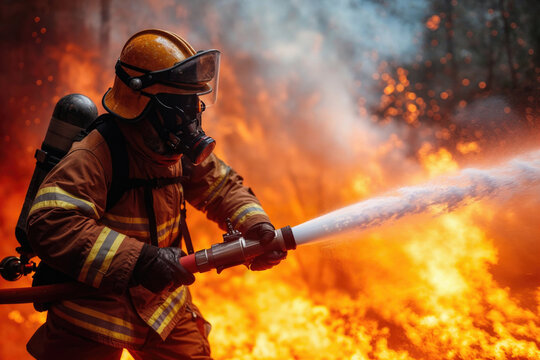 Brave firefighter combating fierce flames Generative AI image - Powered by Adobe