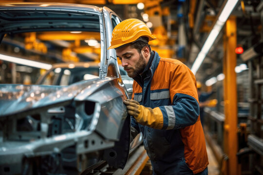 Industrial worker inspecting vehicle body at factory Generative AI image