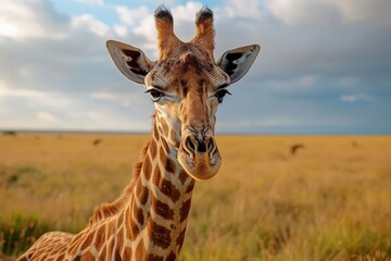 a curious giraffe, its head peering into the camera against a backdrop of the vast African savanna