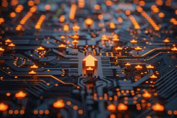 a computer circuit board, with some arrows pointing forward and up, rising, tech background.