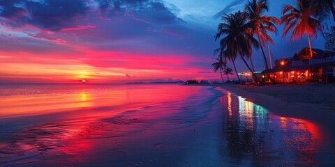 Evening serenity at beach with palm trees capturing picturesque sunset over sea perfect landscape for travel and sense of paradise with sandy shores and ocean waves ideal for summer holidays - obrazy, fototapety, plakaty