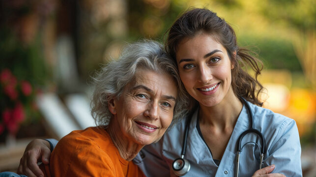 Warm embrace between nurse and senior woman Generative AI image