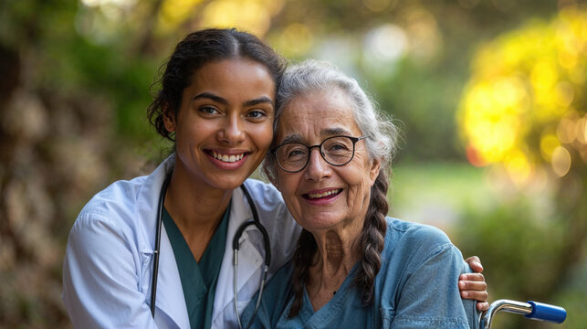 Warm embrace between nurse and senior woman Generative AI image