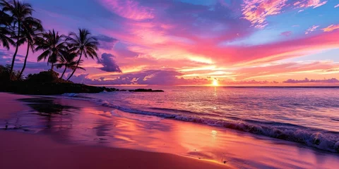 Photo sur Plexiglas Violet Evening serenity at beach with palm trees capturing picturesque sunset over sea perfect landscape for travel and sense of paradise with sandy shores and ocean waves ideal for summer holidays