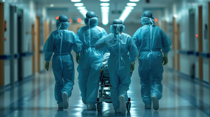 Generative AI illustration of anonymous group of surgical staff in scrubs and protective gear swiftly moving through a hospital corridor with a patient on a gurney