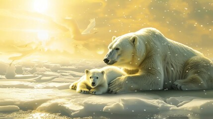 Obraz premium polar bear family, mother and baby together relax on snow. clean and bright white snowfield background with golden sun light