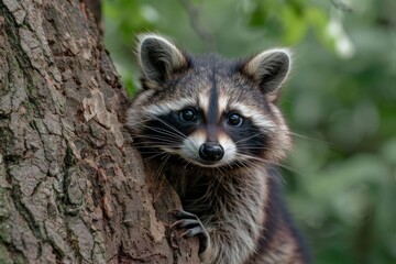Fototapeta premium A curious raccoon peeking from behind a tree trunk, eyes gleaming with mischief and curiosity