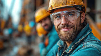 Generative AI illustration of smiling construction worker in a helmet and safety glasses with colleagues in the background at a construction site