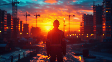 Generative AI illustration of silhouette of a construction worker looking over the site at sunset with cranes and buildings in the background