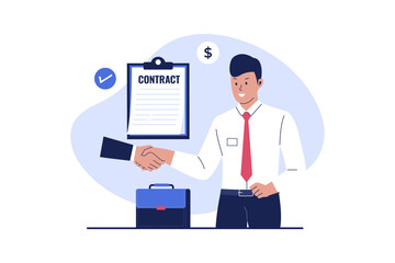 Businessman shaking hands a signed contract, Vector flat illustration