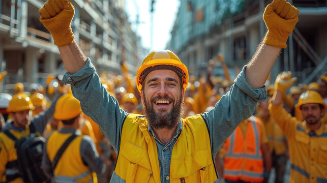 Generative AI illustration of cheerful construction worker with a beard celebrating with arms raised among a group of workers at a construction site