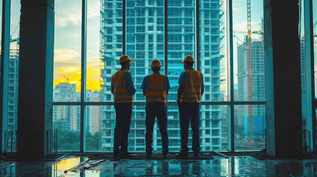 Generative AI illustration of three anonymous construction workers observing the progress of a high-rise building project at dusk from inside a building