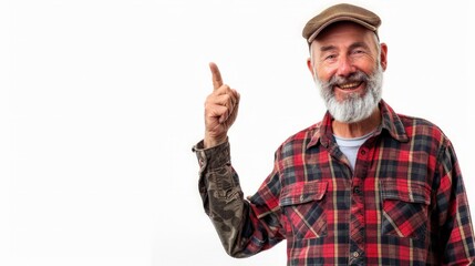 portrait of mature happy handyman presenting something isolated on white background