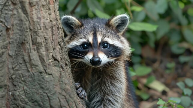 A curious raccoon peeking from behind a tree trunk, eyes gleaming with mischief and curiosity