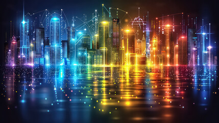 Vector Art of a futuristic city skyline, dynamic, cyberpunk color scheme, futuristic design elements, urban background