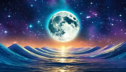 Full and New moon phases on a starry sky and water waves bright neon rays, vibrant shine with neon glow around the moon. Screensaver for advertising and space for products. Full moon party background