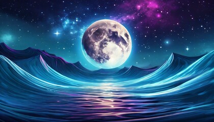 Full and New moon phases on a starry sky and water waves bright neon rays, vibrant shine with neon glow around the moon. Screensaver for advertising and space for products. Full moon party background