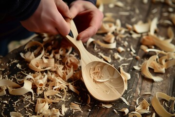 person carving a wooden spoon by hand with wood shavings around - obrazy, fototapety, plakaty