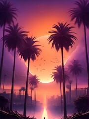Palm trees in fantasy world, sunset and mountains on the background
