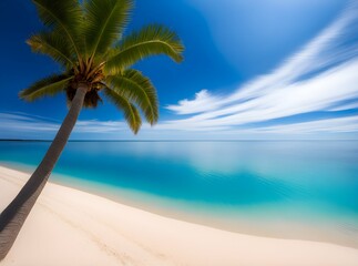 Fototapeta na wymiar Palm Tree on the Beach Swaying Against Serene Sky