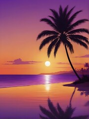 Fototapeta na wymiar Twilight beach with a palm, sea or ocean and sunset