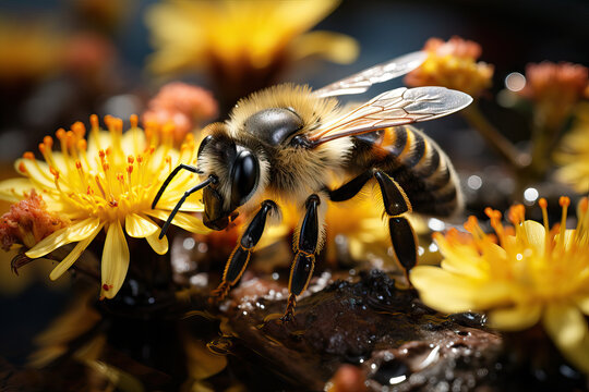 Generative AI illustration of close up view of a bee with delicate wings and shiny black eyes collecting nectar from bright yellow wildflowers, showcasing fine details and textures