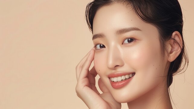 Skincare. Woman with beautiful face touching healthy facial skin portrait. Beautiful smiling Asian girl model with natural makeup enjoys glowing hydrated skin on beige background closeup.