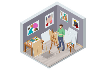Isometric male painter drawing in art studio using easel. Painting, drawing and artwork concept. Art, creativity, hobby, job and creative occupation