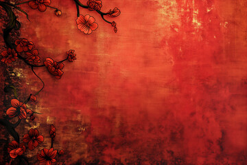 Chinese red wallpaper with flowers, in the style of chinese new year - obrazy, fototapety, plakaty